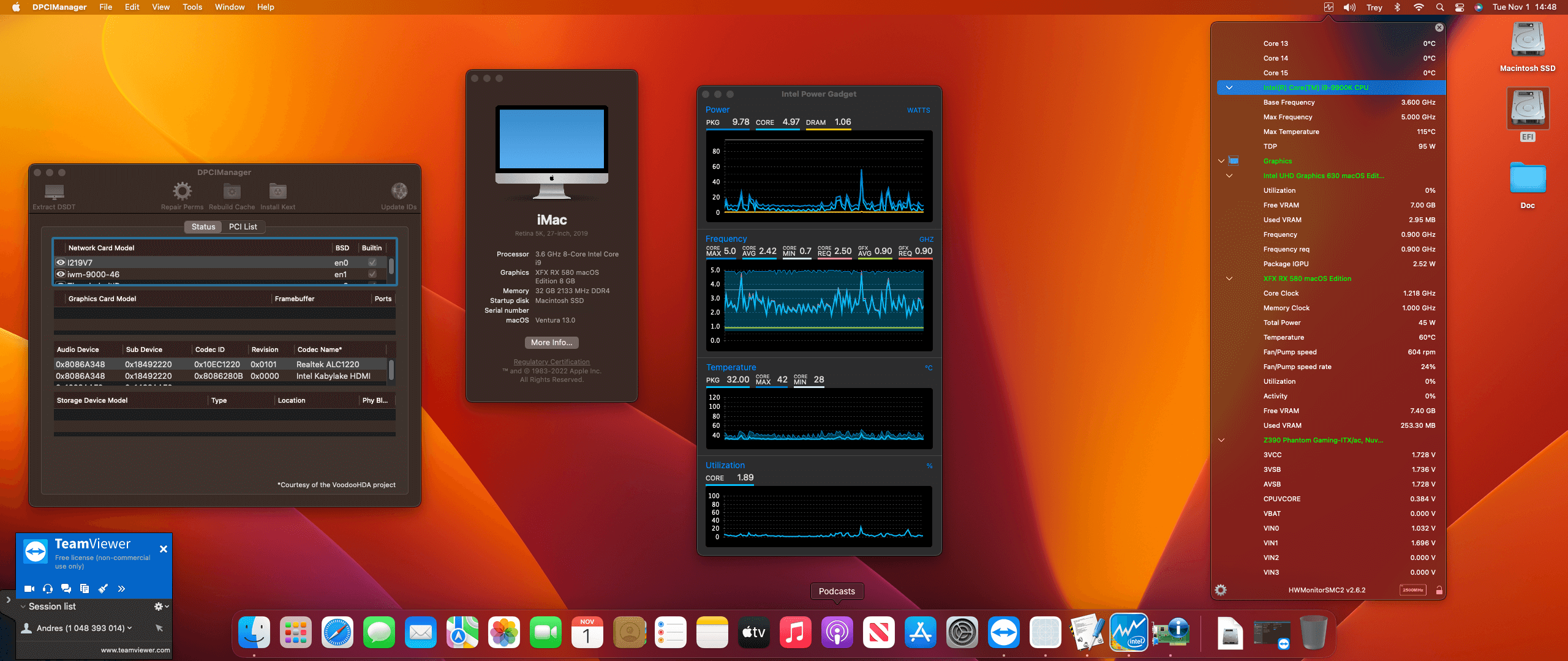 Success Hackintosh macOS Ventura 13.0 Build 22A380 in Asrock Z390 Phantom Gaming-ITX/AC + Intel Core i9 9900K + XFX RX 580